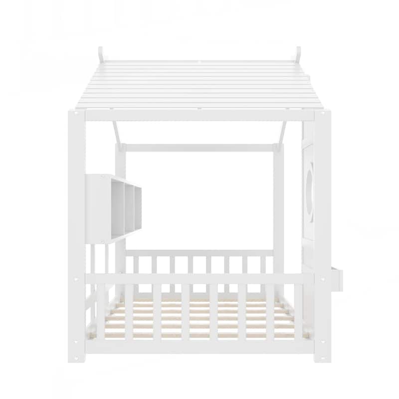 Twin Size Floor House Bed for Toddler, Kids Montessori Bed with Storage Shelf, Playhouse Bed with Roof Design
