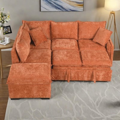 82.67" Chenille L-Shape Sectional Convertible Sofa Bed with Storage Ottoman, USB Ports and Power Sockets