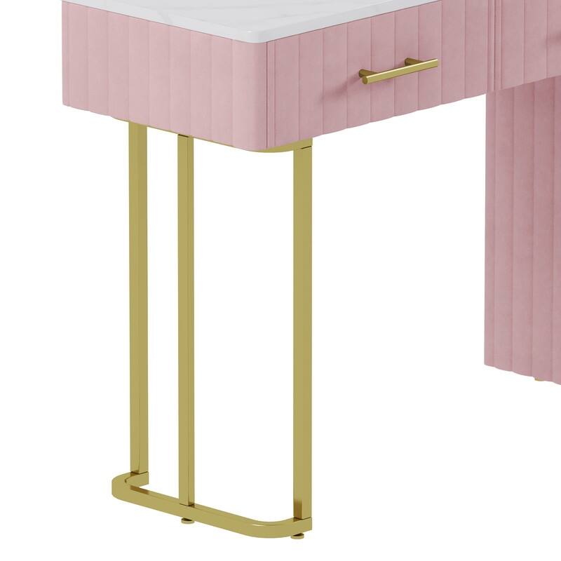 Velvet Upholstered Vanity Desk with Chair, Vanity Set with 5 Big Drawers, Makeup Table with Padded Chair