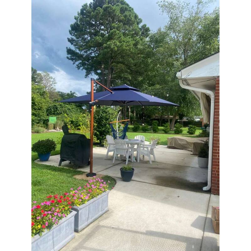 PURPLE LEAF 10 ft Square Wood Pattern Patio Cantilever Umbrella with Base