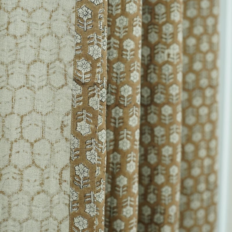 Fabdivine Handmade Soft Pure Linen Fabric Eyelet Curtain Block Print Floral Drape