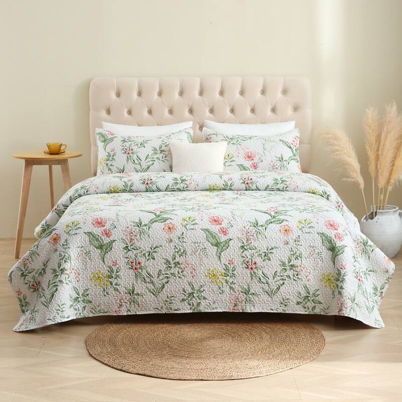 Pink Plaid Patchwork Quilt Set Bedspread - Queen - Green Leaves