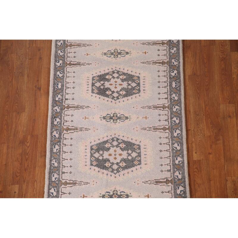 Geometric Kazak Runner Rug Hand-Knotted Grey Wool Carpet - 2'7"x 9'10"