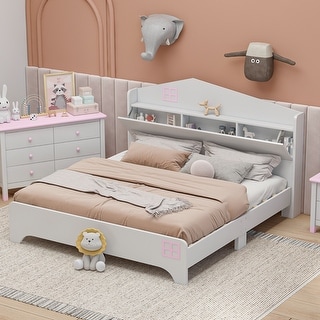 Full Size Wooden House Bed with Hidden Headboard Storage and Shelf, Fun and Functional Platform Frame for Kids Bedroom