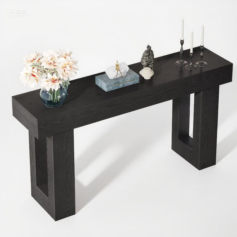 Farmhouse Console Table 63 Inch Engineered Wood MDF Entryway Living Room Hallway Sofa Table with Rustic Wood Finish - Black