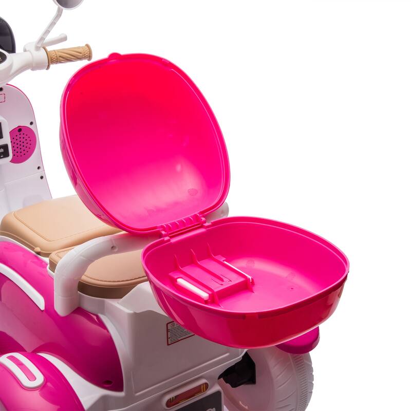 12V Ride-On Two-Seater Motorcycle for Kids, Three-Wheel Design, USB, Bluetooth, Adult Seat Flip, and Storage for Ages 3-6.