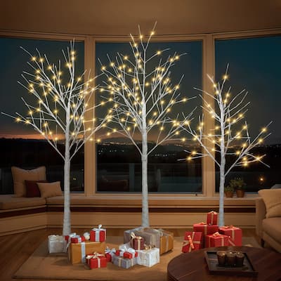 Roomfitters Set of Artificial Birch Trees, 4FT 5FT 6FT Holiday Decoration with Warm White Lights for Indoor, White