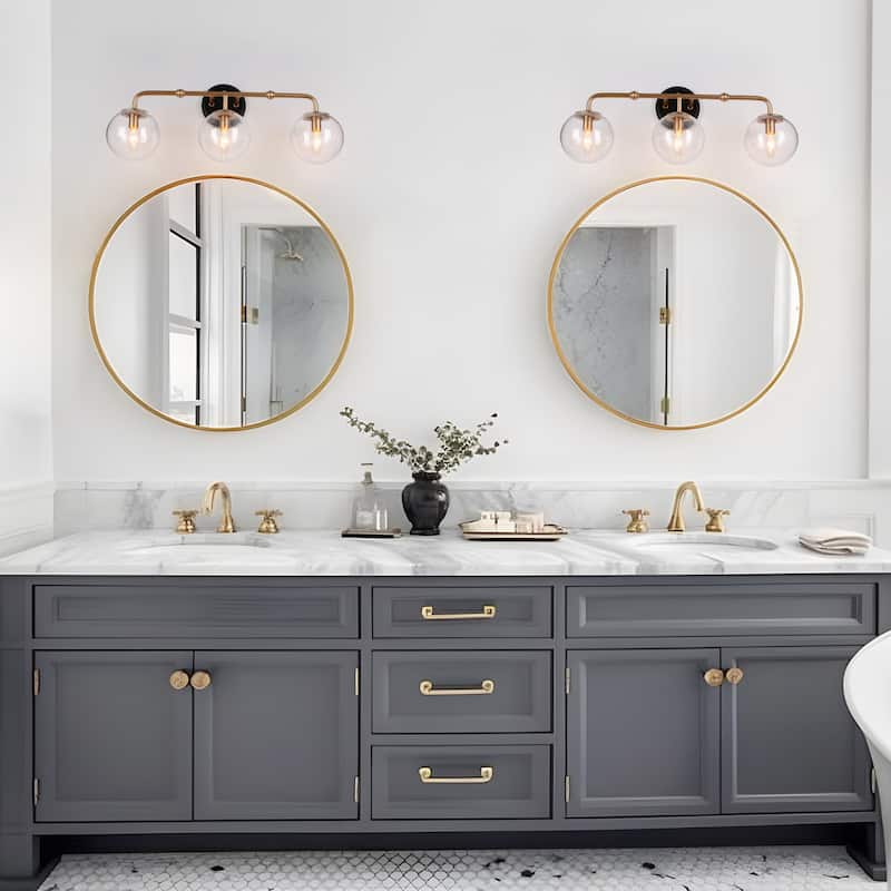 Malryn Black Gold 3-Light Bathroom Vanity Lights Glass Wall Sconces - 24.5'' L x 7" W x 10'' H