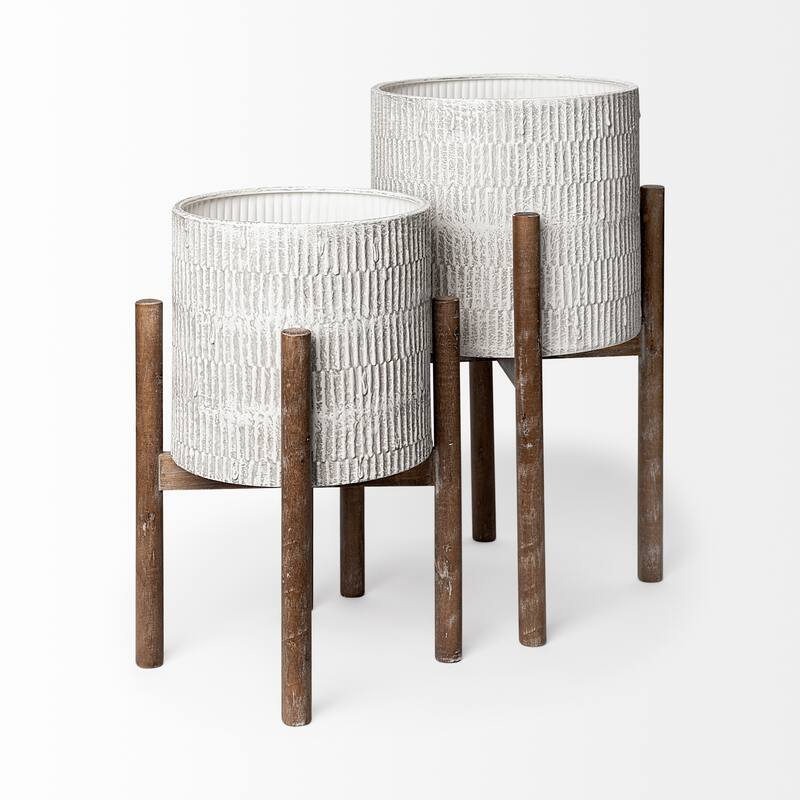 Groot Off-White Metal w/Brown Solid Wood Base Plant Stands (Set of 2)