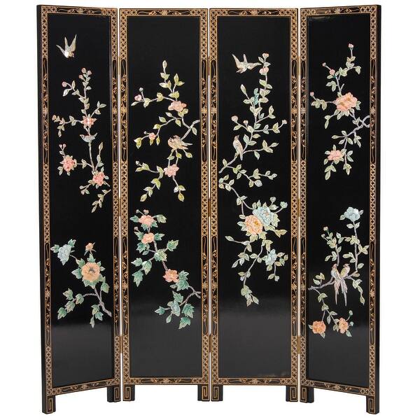6 ft. Tall Black Lacquer Room Divider Birds and Flowers Bed Bath