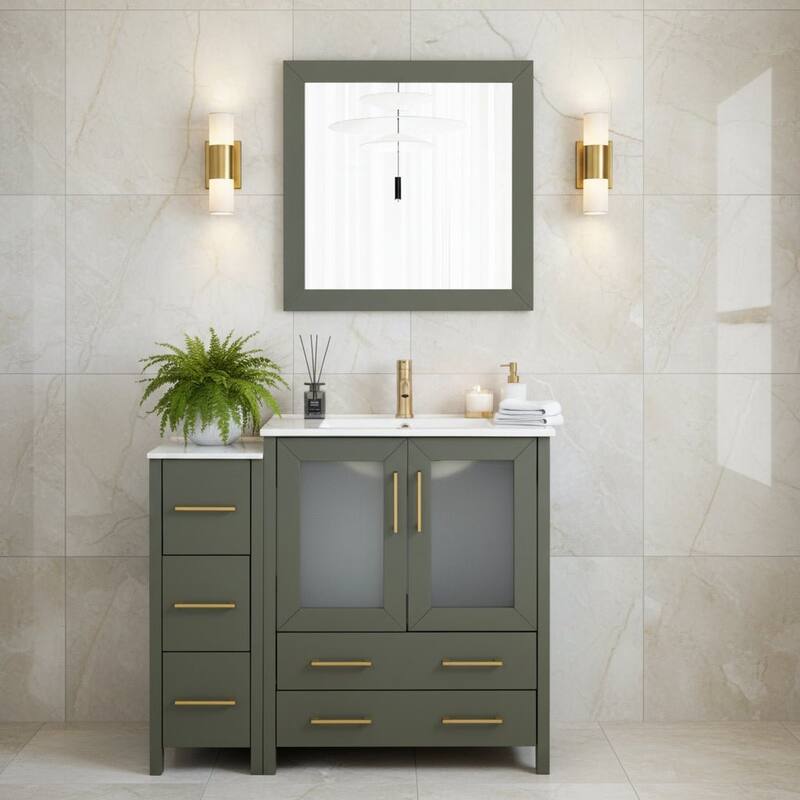 Vanity Art 42 Inch Single Sink Bathroom Vanity Set 5 Dove-Tailed Drawers 1 Cabinets 1 Shelf, Soft-Closing Doors with Free Mirror - Vintage Green
