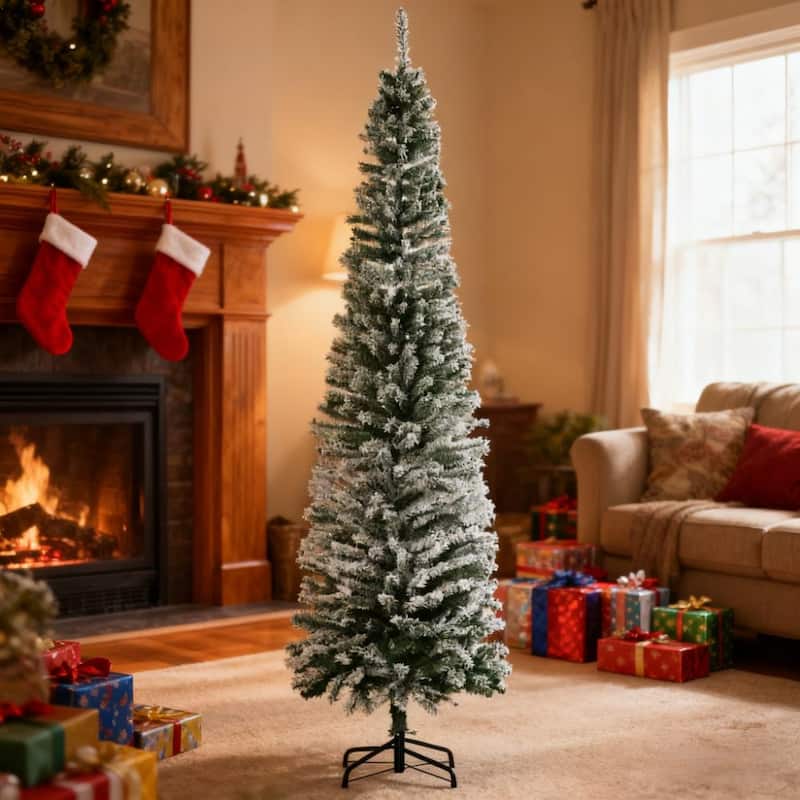 7.4 Foot Christmas Yard Decor,Flocked Christmas Tree with Faux Snow, Dense Branches - Green - Green