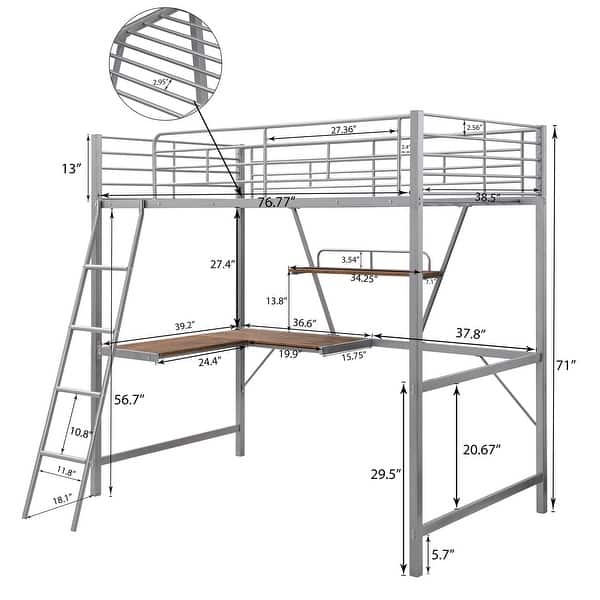 dimension image slide 0 of 2, Twin Size Metal Loft Bed with L-Shaped Desk & Shelf & Full-Length Guardrail & Ladders