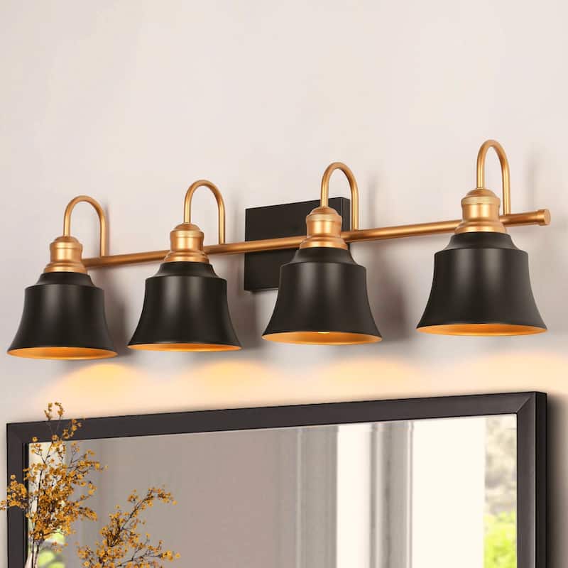 Farmhouse Rustic Black Metal 4-light Bathroom Vanity Light with Bell Metal Shade - L 31" x W 7.5" x H 9"
