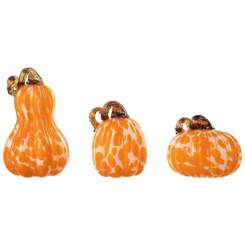 Glitzhome Set of 3 Fall Harvest Orange Dots Glass Pumpkin & Gourd Halloween Thanksgiving Decorating