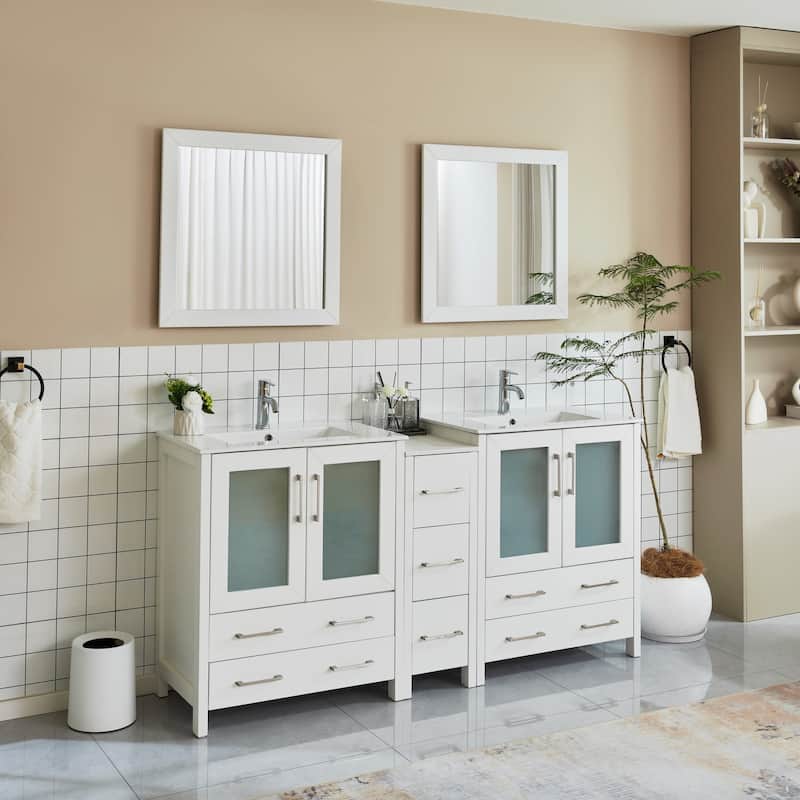 Vanity Art 72" Double Sink Bathroom Vanity Set 7 Dove-Tailed Drawers, 2 Cabinets, 2 Shelves, Soft-Closing Doors with Free Mirror