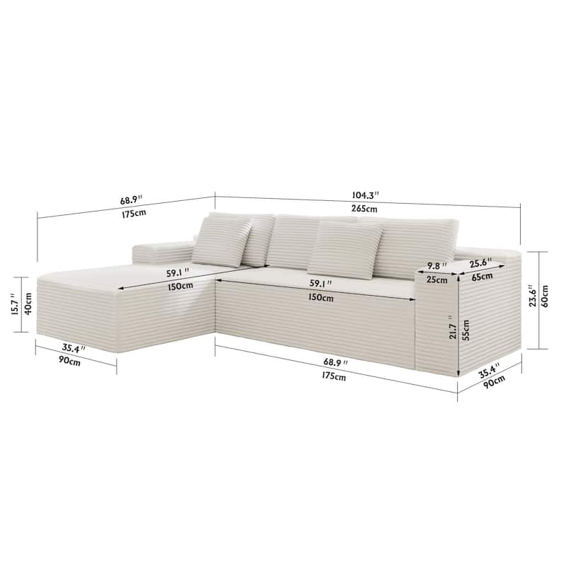 L Shape Modular Sectional Sofa with Chaise Lounge, Corduroy Upholstered Cloud Couch, Deep Seat Corner Sofa with Pillows