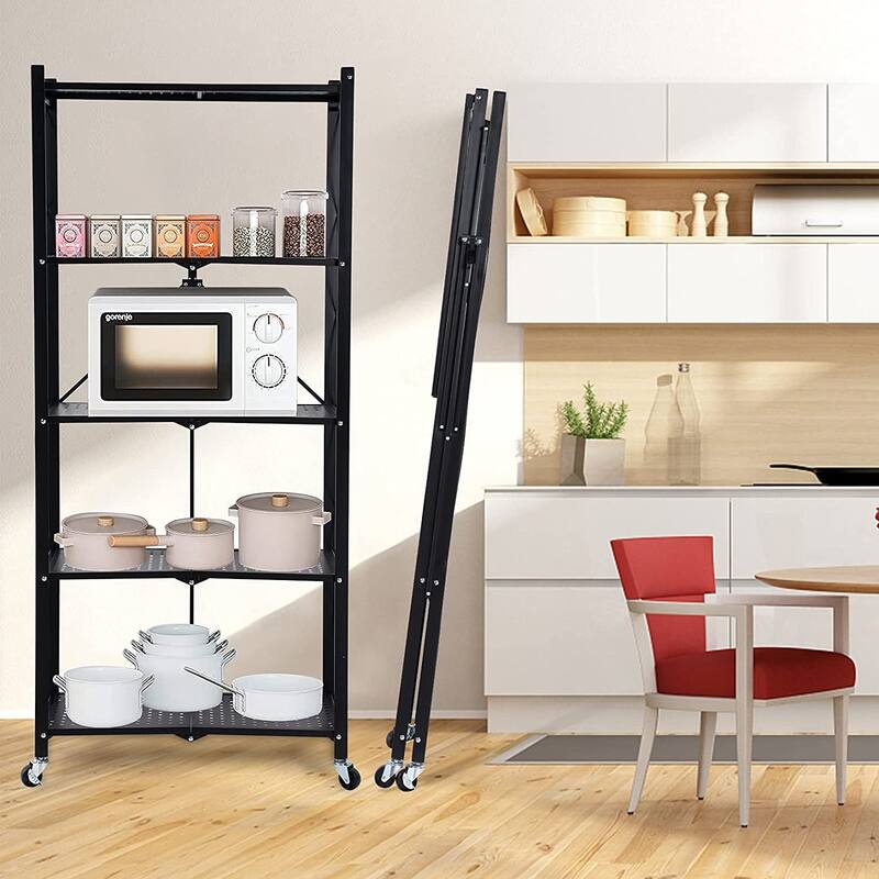 5-Tier Black Heavy Duty Foldable Metal Rack Storage Shelving with Wheels - Black