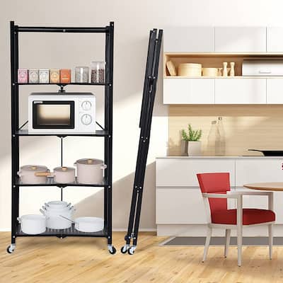 5-Tier Black Heavy Duty Foldable Metal Rack Storage Shelving with Wheels