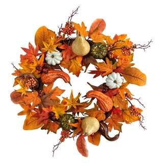 Pumpkin with Gourd and Berries Artificial Fall Harvest Wreath, 24-Inch ...