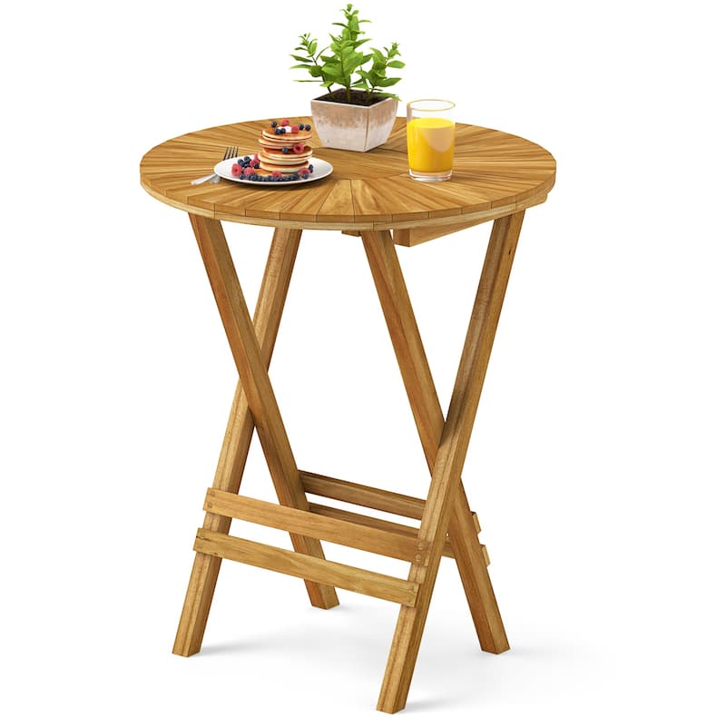 Gymax Patio Folding Side Table 23.5'' Teak Wood Round End Table Fully - Natural