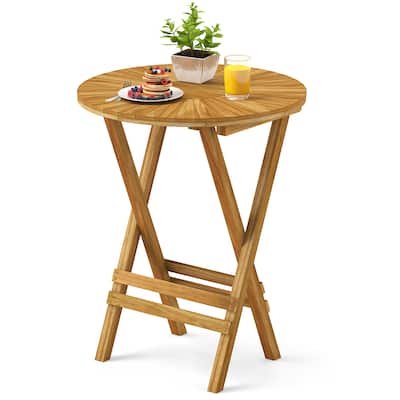Gymax Patio Folding Side Table 23.5'' Teak Wood Round End Table Fully