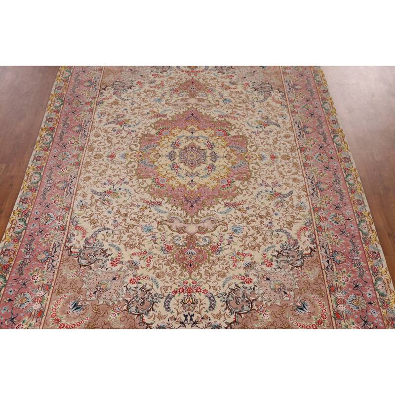 Hand Knotted Oriental Wool & Silk Carpet Traditional Floral Beige & Ivories Tabriz Area Rug - 10' 4'' X 6' 6''