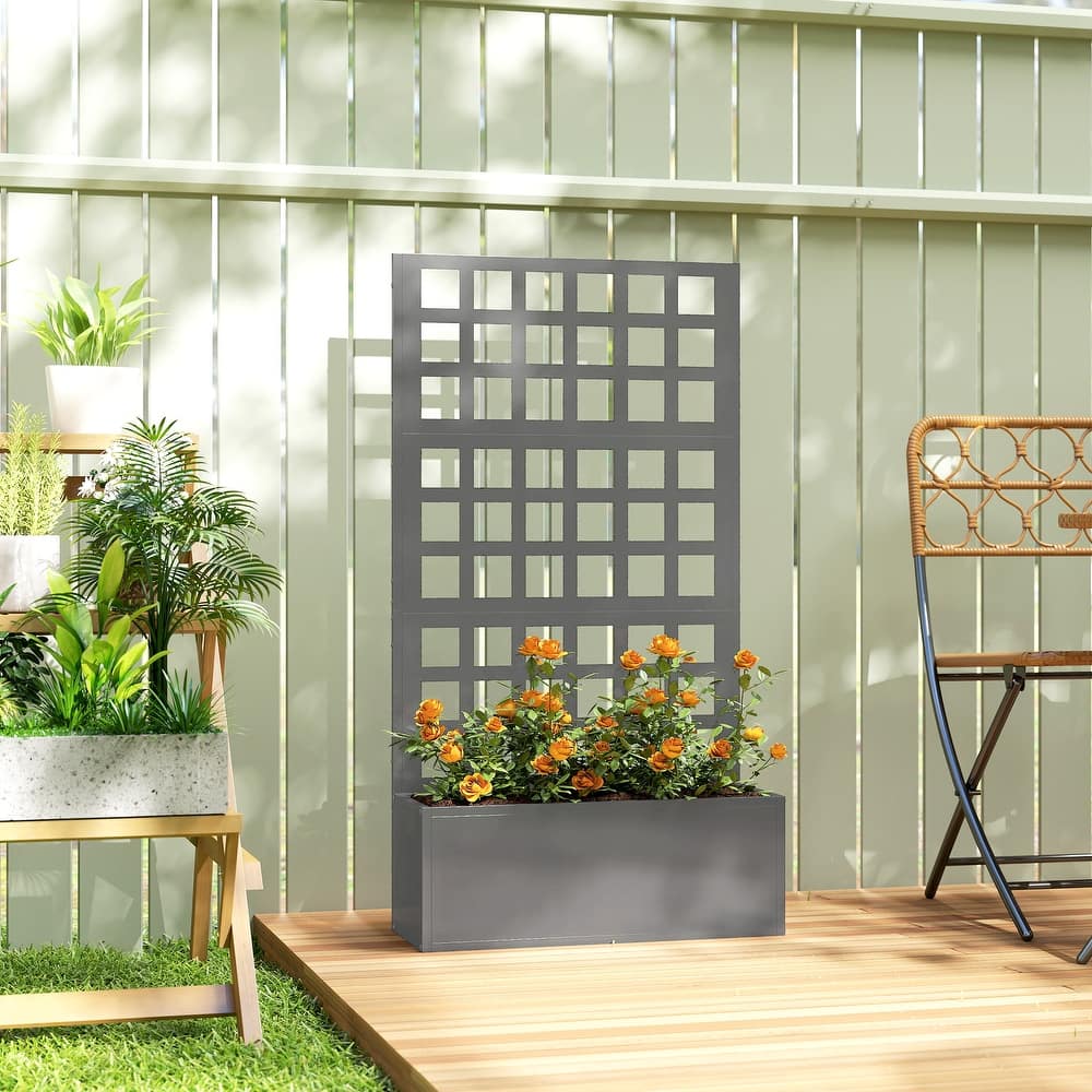 Outsunny Galvanized Raised Garden Bed with Trellis, Metal Planter Box with Drainage Holes