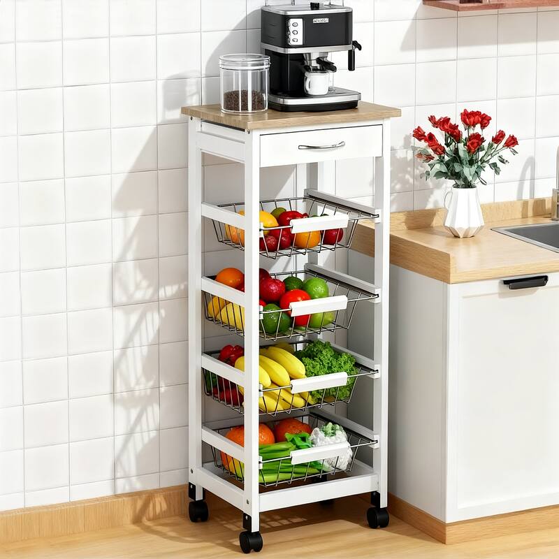 HOMCOM 32.25" Wooden Rolling Kitchen Storage Cart on 360-deg Swivel Wheels with Ample Storage Space & Solid Structure