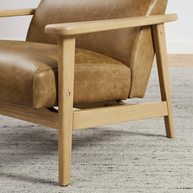 Modern Genuine Leather Accent Armchair with Natural Solid Wood Frame
