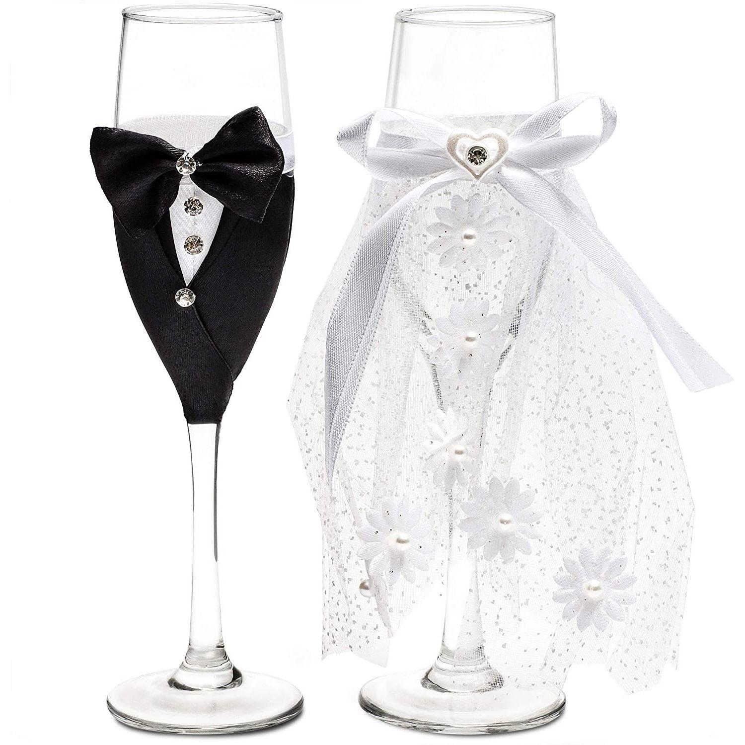 Bride and Groom Champagne Flutes, Wedding Dress Tuxedo Toasting