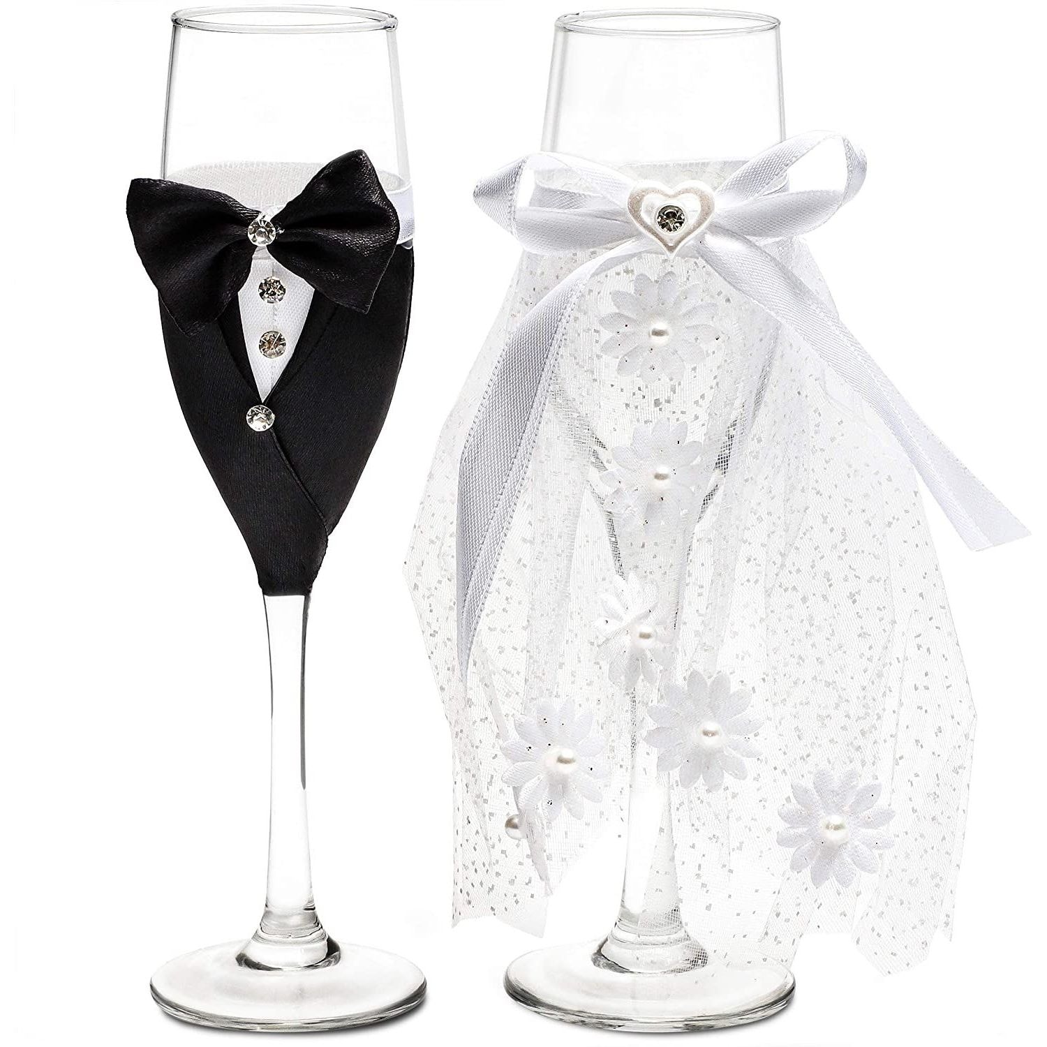 Bride and Groom Champagne Flutes Wedding Dress Tuxedo Toasting Glasses Gift Set 8.75