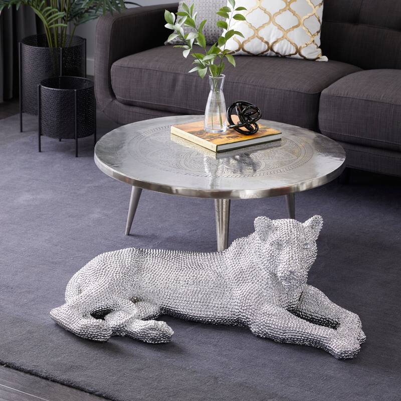 Polystone Floor Leopard Sculpture with Carved Faceted Diamond Exterior - Black or Silver