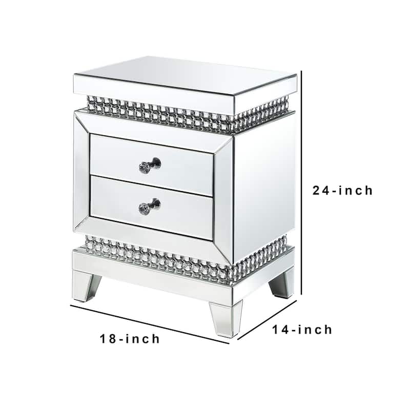 2 Drawer Mirror Inlay Accent Table with Faux Crystal Accents, Silver