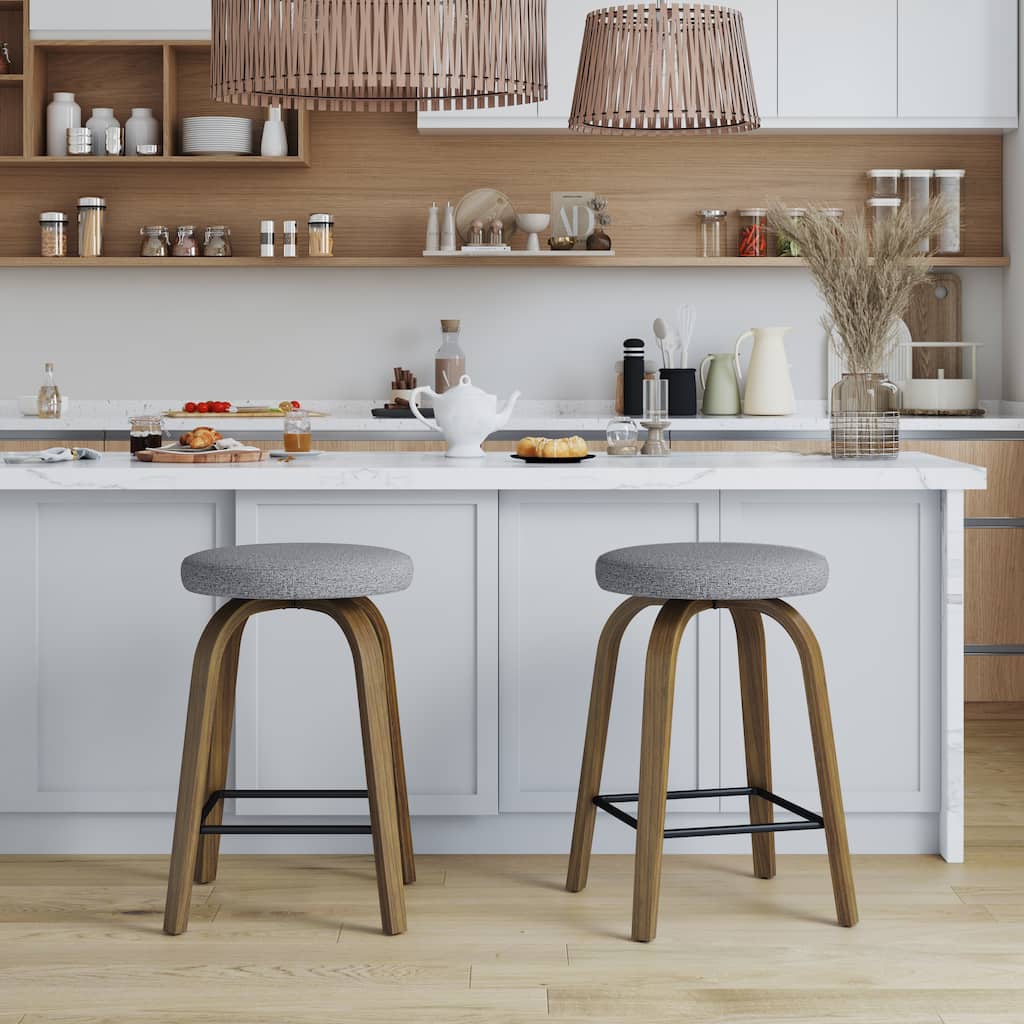 Swivel Bar Stools Set of 2, Counter Height Backless 26″Bar Stool, Fabric Upholstered Seat, Sturdy Wood Legs and Metal Footrest