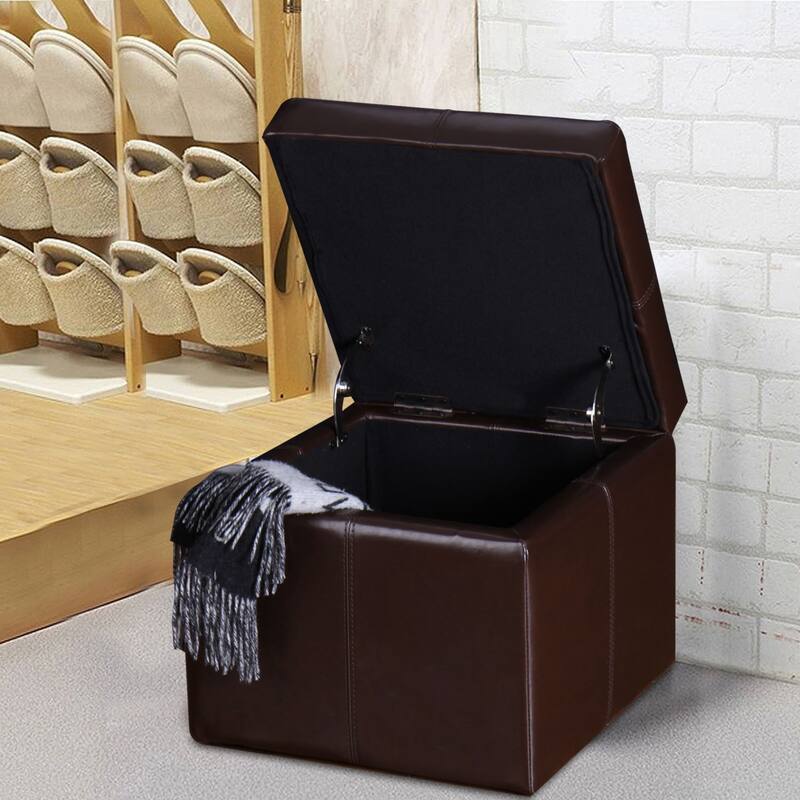 Adeco Bonded Leather Contrast Stitch Square Storage Ottoman Footstool