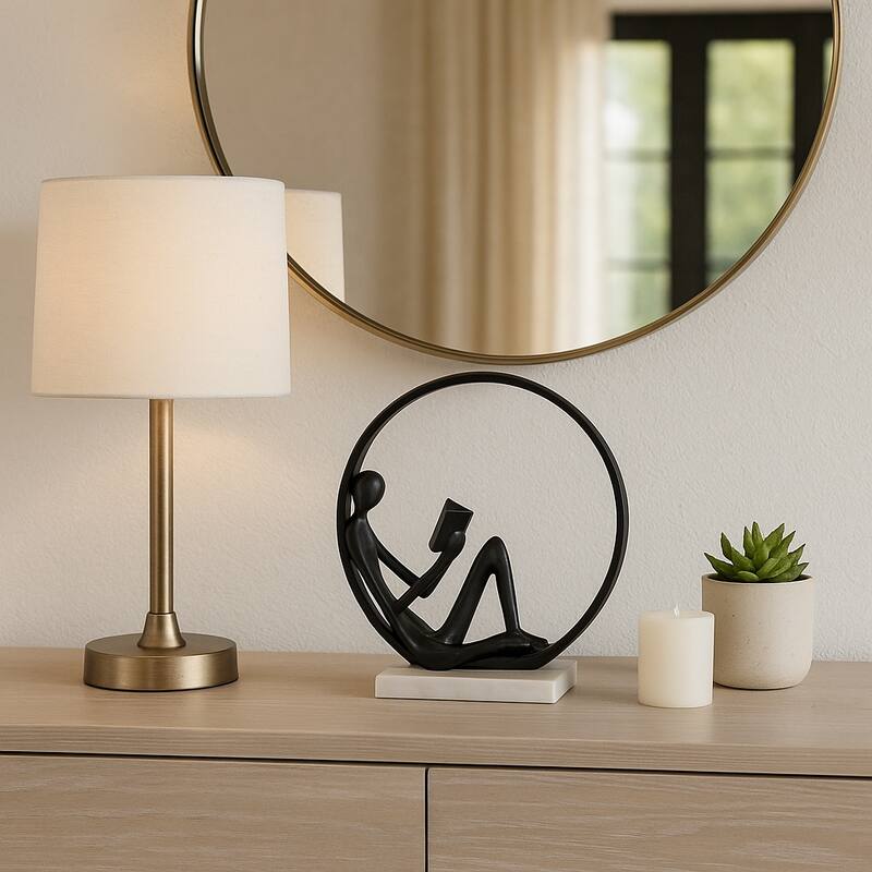 Metal Marble Sculpture Human Figure in Circular Frame - 11" Black - 9.75" x 4.75" x 11"