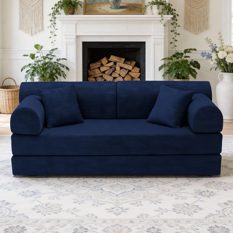 Convertible Sleeper Sofa Bed Corduroy Folding Mattress Couch with Fixed-Shape Frame - Blue