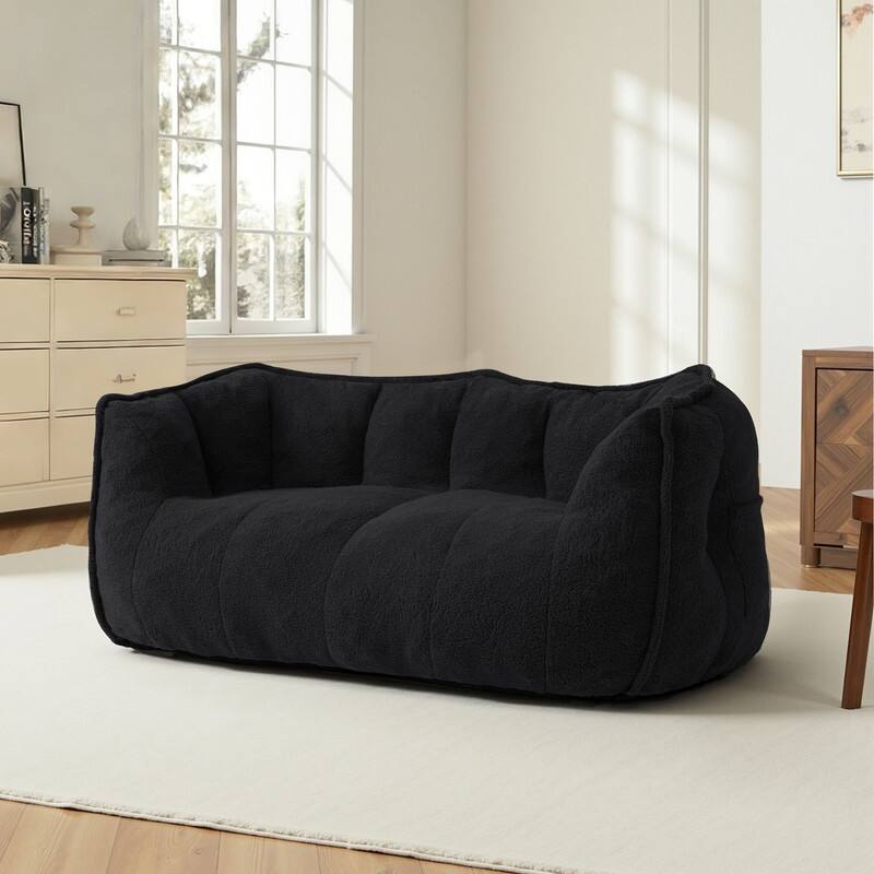 Teddy Fleece 2-Person Bean Bag Sofa - Black