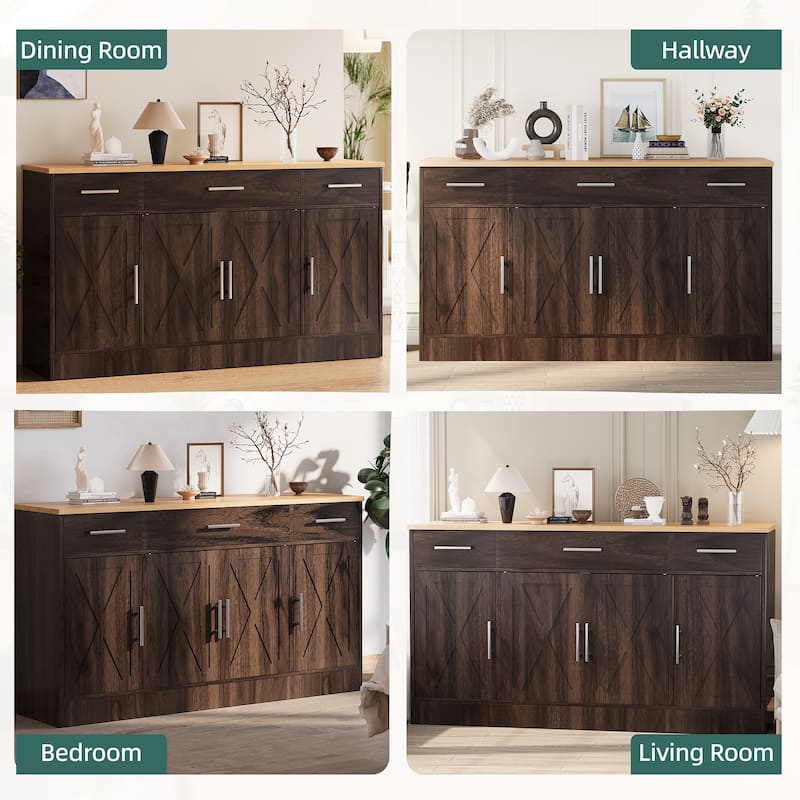 Kitchen Buffet Sideboard Storage Cabinet with Adjustable Shelves, Retro Design(3 Color Options)