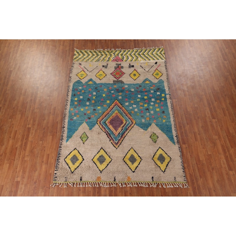Geometric Plush Moroccan Rug Hand-Knotted Bedroom Wool Carpet - 7'1" x 10'3"