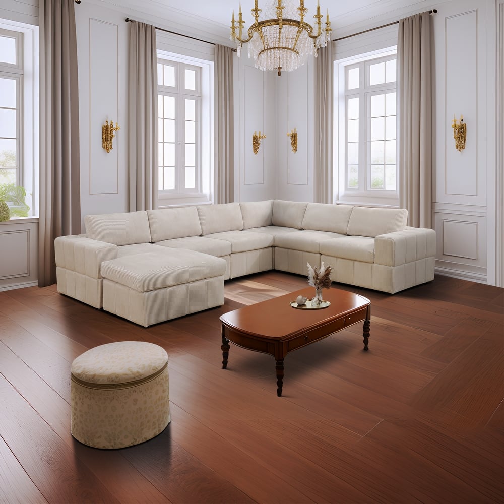 Oversized Corduroy 7 - Piece Corner Sectional Sofa Couch with Ottoman for Living Room Sofa Set