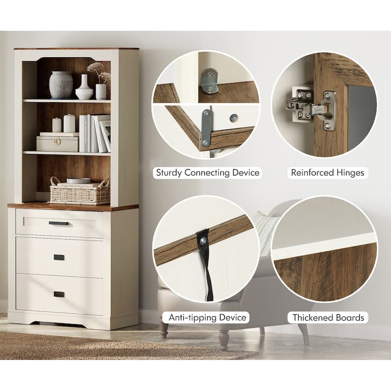 3-Column 73.3" Tall Bookshelf Set with Open Storage and Glass Doors