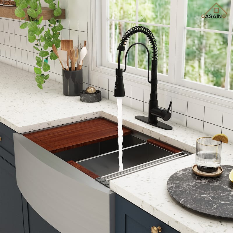 All-in-One Farmhouse/Apron-Front Single Bowl 16 Gauge Stainless Steel Workstation Kitchen Sink with Accessories and Faucet Sets