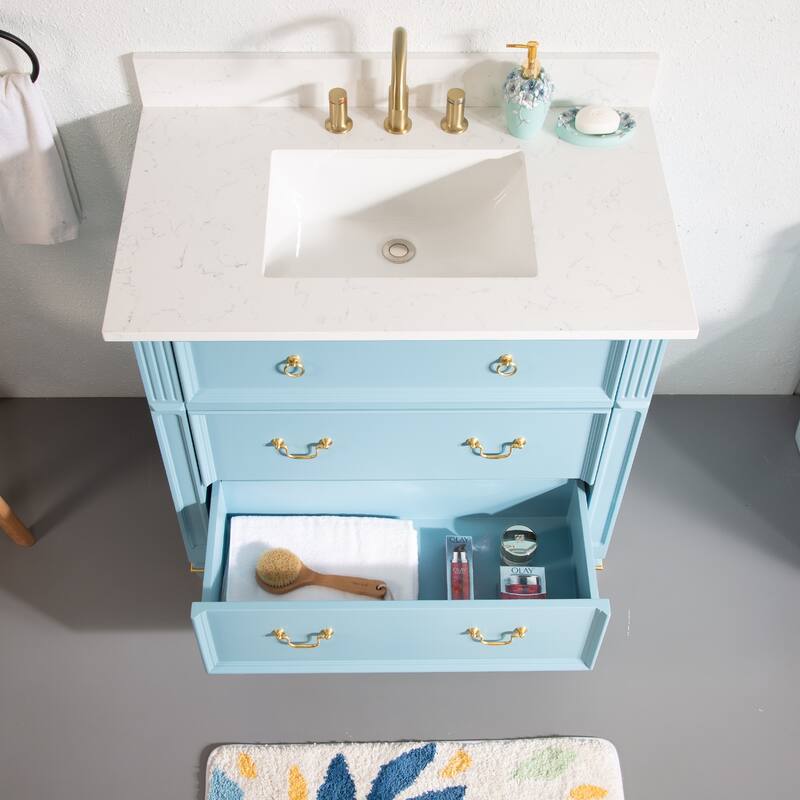 35'' H X 36'' W Solid Wood Bath Vanity with Stain-resistant Carrera White Quartz Top and Single Sink