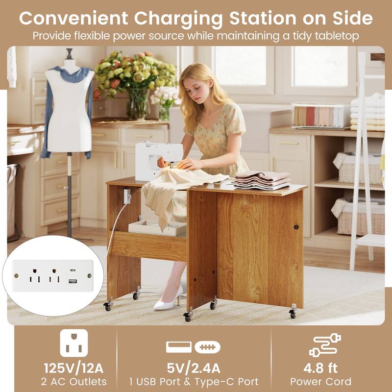 Costway Folding Sewing Table Rolling Craft Station with 3 Storage Bins - See Details