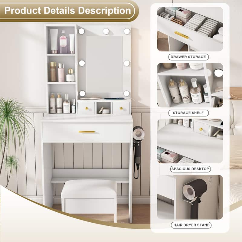 Vanity Table with Mirror & Adjustable LED Lights, Power Outlet, Hairdryer Holder & Stool