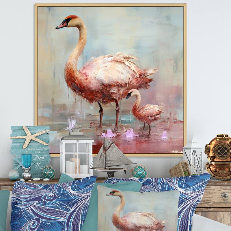 Designart "Pink Blooming Swan Beauty" Swans Pink Wall Decor - Modern Entryway Framed Wall Art Print - 16 in. wide x 16 in. high - Brown