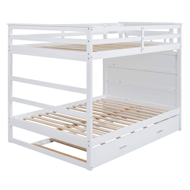 Wooden Full Over Full Bunk Bed Frame with Trundle, Side Storage Drawers, Staircase and Safety Guardrails, Space-Saving Design
