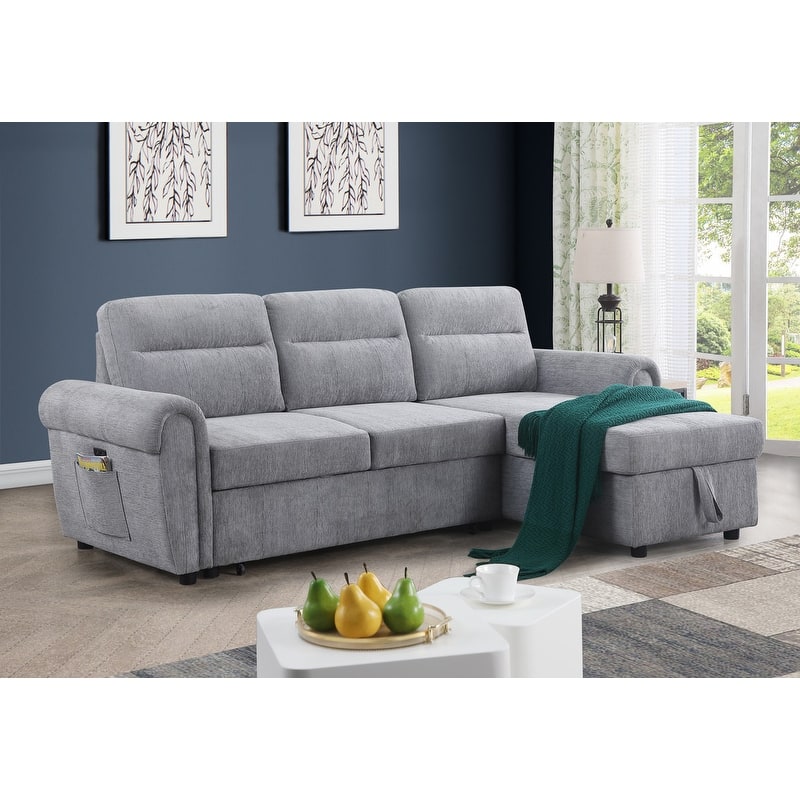 Hugo 97"W Chenille Rev. Sleeper Sectional Sofa Chaise USB Chargers, Phone/Magazine Pockets